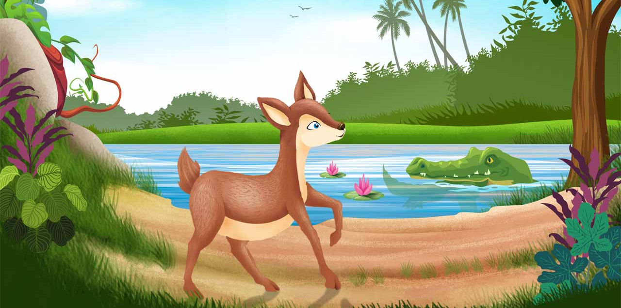 Ilustrasi Kancil di tepi sungai dengan buaya - dongeng anak"
