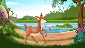 Ilustrasi Kancil di tepi sungai dengan buaya - dongeng anak"