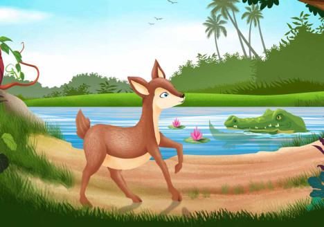 Ilustrasi Kancil di tepi sungai dengan buaya - dongeng anak"