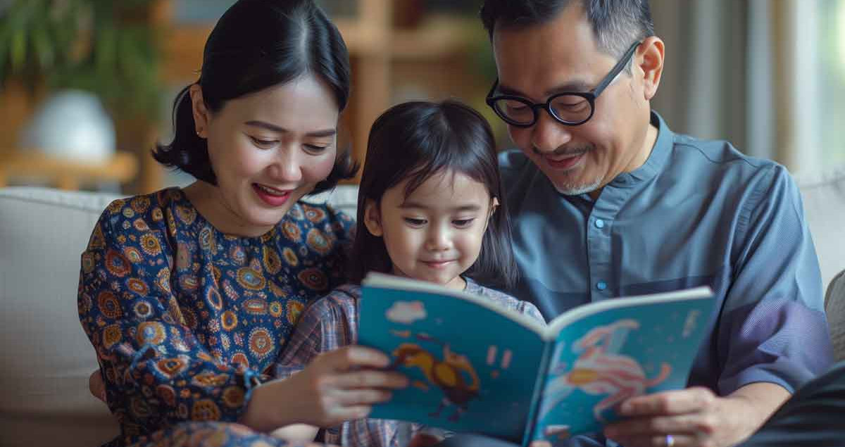 family reads together sofa parents daughter enjoy blue picture book home