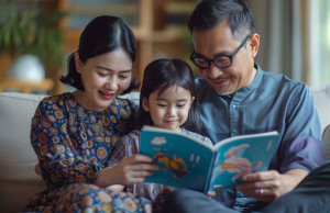 family-reads-together-sofa-parents-daughter-enjoy-blue-picture-book-home family reads together sofa parents daughter enjoy blue picture book home