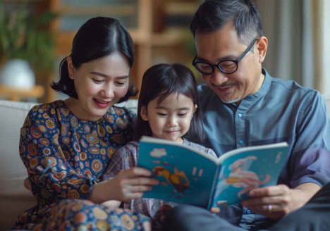 family reads together sofa parents daughter enjoy blue picture book home
