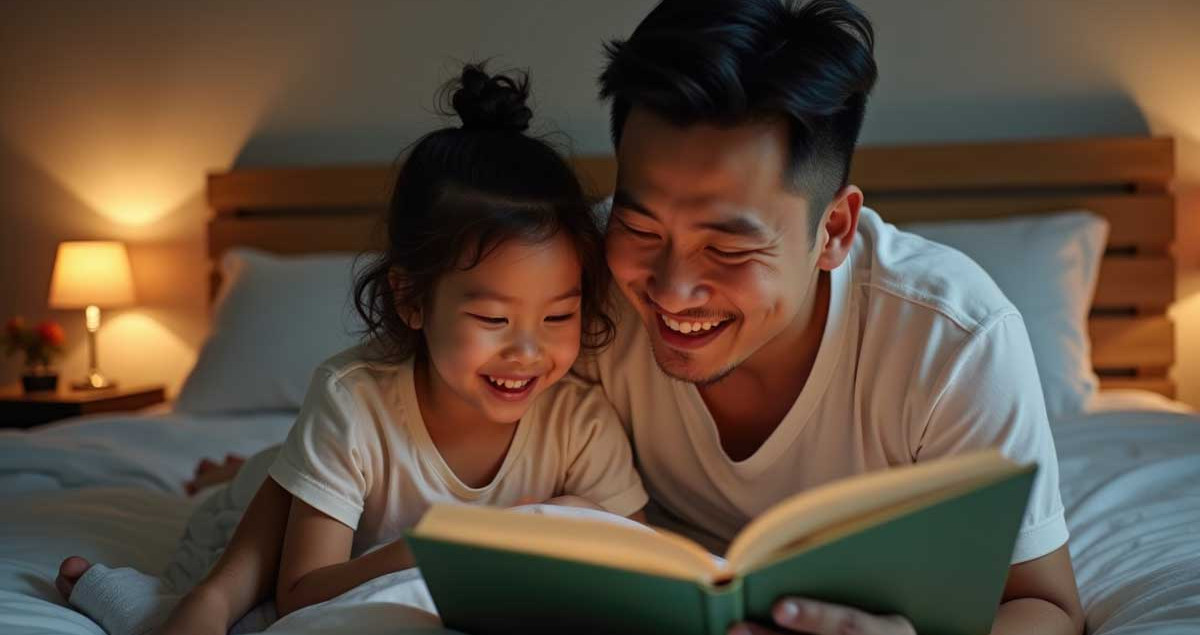 heartwarming bedtime moments asian dad reading his daughter