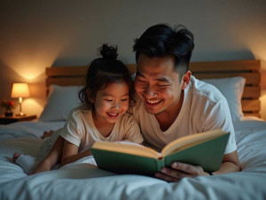 heartwarming bedtime moments asian dad reading his daughter