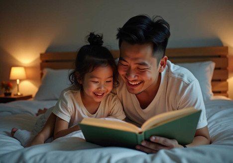heartwarming bedtime moments asian dad reading his daughter